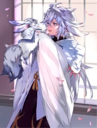 Rule 34 | 1boy, ahoge, animal, commentary request, fate/grand order, fate (series), fou (fate), highres, holding, holding animal, hood, long hair, looking at another, male focus, merlin (fate/stay night), nove (legge), open mouth, petals, purple eyes, robe, smile, standing, white hair, wide sleeves, window