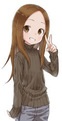 Rule 34 | 1girl, absurdres, blue pants, brown eyes, brown hair, brown sweater, clenched teeth, commentary request, denim, flat chest, forehead, grin, hand up, highres, jeans, karakai jouzu no takagi-san, long hair, long sleeves, looking at viewer, pants, ribbed sweater, simple background, smile, solo, sweater, takagi-san, teeth, turtleneck, turtleneck sweater, v, white background, yamamoto souichirou