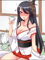 Rule 34 | 10s, 2girls, bare shoulders, black hair, bottle, breasts, collarbone, cup, detached sleeves, drunk, fusou (kancolle), headgear, heart, kantai collection, kuon (nokokopopo), large breasts, long hair, multiple girls, nontraditional miko, red eyes, sake bottle, sitting, skirt, very long hair, yamashiro (kancolle)