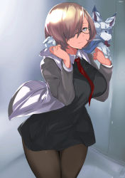 Rule 34 | 1girl, absurdres, black dress, black pantyhose, blush, breasts, brown hair, cafekun, commentary request, dress, fate (series), fou (fate), glasses, hair over one eye, highres, jacket, large breasts, looking at viewer, mash kyrielight, necktie, pantyhose, purple eyes, red necktie, short dress, short hair, smile, solo