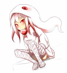Rule 34 | 1girl, absurdres, bandages, bandaged leg, bandages, blush, closed mouth, commentary request, dutch angle, full body, gradient hair, highres, hood, hood up, hoodie, idaten93, knees up, long sleeves, looking at viewer, multicolored hair, no shoes, original, personification, red eyes, red hair, scales, sidelocks, sitting, slit pupils, snake, snake hood, solo, v-shaped eyebrows, white background, white hair, white hoodie, white snake