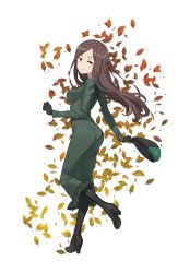 Rule 34 | 1girl, ass, autumn leaves, black footwear, black gloves, black hat, black legwear, brown eyes, brown hair, dorothy (princess principal), dress, full body, gloves, green dress, hat, highres, holding, holding clothes, holding hat, long hair, looking at viewer, official art, princess principal, princess principal game of mission, smile, solo, standing, standing on one leg, transparent background, unworn hat, unworn headwear