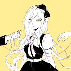 Rule 34 | 1girl, belt, bow, bowtie, braid, collared shirt, commentary request, cowboy shot, danganronpa (series), danganronpa 2: goodbye despair, dress, dress shirt, dudeoji (dotheg ansoni), greyscale with colored background, hair bow, hand up, highres, holding, holding ribbon, long hair, looking at viewer, parted lips, pink ribbon, puffy short sleeves, puffy sleeves, ribbon, shirt, short sleeves, simple background, solo focus, sonia nevermind, spot color, teeth, yellow background, yellow eyes