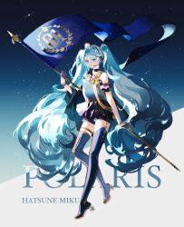 Rule 34 | 1girl, absurdres, aqua eyes, aqua hair, black dress, black gloves, black shorts, blue dress, blue footwear, boots, character name, closed mouth, dress, flag, full body, gloves, gradient dress, hair ornament, half gloves, hatsune miku, headset, highres, holding, holding flag, labroiy, light smile, long hair, looking at viewer, polaris miku, ribbon, shorts, single bare shoulder, solo, star (symbol), star hair ornament, thigh boots, twintails, very long hair, vocaloid, yellow ribbon