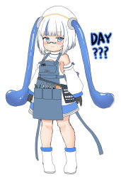 Rule 34 | 1girl, absurdres, apron, bailingxiao jiu, bare shoulders, beret, black gloves, blue-framed eyewear, blue apron, blue eyes, blue hair, blush, boots, closed mouth, detached sleeves, dress, full body, glasses, gloves, hat, highres, long sleeves, looking at viewer, mole, mole under mouth, multicolored hair, original, pince-nez, puffy long sleeves, puffy sleeves, semi-rimless eyewear, simple background, sleeveless, sleeveless dress, sleeves past wrists, smile, solo, streaked hair, under-rim eyewear, white background, white dress, white footwear, white hair, white hat, white sleeves