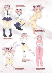 Rule 34 | + +, 1girl, animal ears, barefoot, bikini, blue eyes, blue necktie, blue skirt, blue socks, blush, bow, breast rest, breasts, brown footwear, buruma, buttons, carried breast rest, carrying, character sheet, cleavage, floral background, flower-shaped pupils, frilled bikini, frills, hair bow, hair ribbon, hibari (senran kagura), highres, hood, hooded pajamas, jacket, large breasts, loafers, looking at viewer, midriff peek, miniskirt, necktie, ninto (senran kagura), official art, open mouth, pajamas, pink bikini, pink hair, pink pajamas, pleated skirt, rabbit, rabbit ears, rabbit girl, rabbit tail, ribbon, school uniform, senran kagura, senran kagura new wave, senran kagura shoujo-tachi no shin&#039;ei, shirt, shoes, short hair, short twintails, skirt, smile, sneakers, socks, solo, squatting, striped bikini, striped clothes, swimsuit, symbol-shaped pupils, tail, track jacket, translation request, twintails, white shirt, yaegashi nan