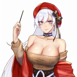 Rule 34 | 1girl, azur lane, bare shoulders, belfast (azur lane), belfast (shopping with the head maid) (azur lane), beret, black choker, black ribbon, black skirt, blue eyes, breasts, brown sweater, choker, cleavage, closed mouth, collarbone, commentary, eyelashes, food, hair between eyes, hat, hat ribbon, high-waist skirt, highres, hihizaru badass, holding, holding food, holding pocky, large breasts, lips, long hair, looking at viewer, multicolored eyes, nail polish, off-shoulder sweater, off shoulder, official alternate costume, pocky, red hat, red nails, red shawl, ribbon, shawl, silver hair, simple background, skirt, smile, solo, striped ribbon, sweater, upper body, white background, yellow eyes