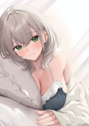 Rule 34 | 1girl, backlighting, blush, breasts, cleavage, green eyes, grey hair, haro art, highres, hololive, large breasts, light smile, long sleeves, looking at viewer, medium hair, on bed, pillow, pov, shirogane noel, solo, virtual youtuber
