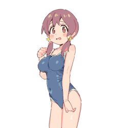 1girl absurdres bare_arms bare_legs bare_shoulders blue_one-piece_swimsuit blush_stickers brown_eyes brown_hair commentary_request covered_navel cowboy_shot highres karubi_(karubi465558) long_hair looking_at_viewer low_twintails medium_hair murosaki_miyo new_school_swimsuit one-piece_swimsuit onii-chan_wa_oshimai! open_mouth red_hair school_swimsuit simple_background sketch solo swimsuit twintails wavy_mouth white_background