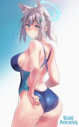 Rule 34 | 1girl, adjusting clothes, adjusting swimsuit, animal ear fluff, animal ears, ass, blue archive, blue eyes, blush, breasts, competition swimsuit, copyright name, grey hair, hair ornament, large breasts, looking at another, medium hair, one-piece swimsuit, sawaya (mizukazu), shiroko (blue archive), shiroko (swimsuit) (blue archive), sideboob, solo, swimsuit, thighs, x hair ornament