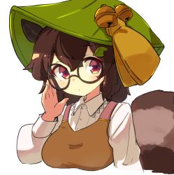 Rule 34 | 1girl, animal ears, apron, brown apron, brown eyes, brown hair, closed mouth, collared shirt, cropped torso, futatsuiwa mamizou, glasses, leaf, leaf on head, long sleeves, looking at viewer, raccoon ears, raccoon girl, raccoon tail, shirt, short hair, simple background, solo, tail, touhou, uisu (noguchipint), upper body, white background, white shirt