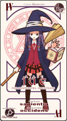 Rule 34 | 00s, 1girl, akamatsu ken, ayase yue, bamboo broom, book, braid, broom, card, card (medium), character name, floating book, floating object, hat, holding, holding broom, latin text, long hair, looking at viewer, mahou sensei negima!, mercury symbol, official art, open book, open mouth, pactio, plaid, plaid skirt, pleated skirt, purple eyes, purple hair, school uniform, skirt, solo, thighhighs, twin braids, witch, witch hat