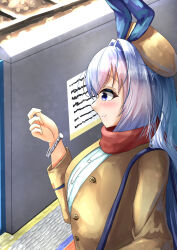 Rule 34 | 1girl, alternate costume, animal ears, azur lane, beret, blue eyes, blue hair, buttoned shirt, coat, fake animal ears, fake bunny ears, hair intakes, hat, highres, jelilianamiku, jewelry, long hair, looking at hand, looking at watch, new jersey (azur lane), note, railway, railway station, scarf, shirt, train station, wall