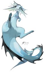 blue_sclera cetacean_tail colored_sclera creature_focus creatures_(company) fangs fins fish_tail from_below game_freak gen_1_pokemon highres kamikiririp looking_down nintendo no_humans open_mouth pokemon pokemon_(creature) simple_background solo tail twitter_username vaporeon webbed_feet white_background white_eyes