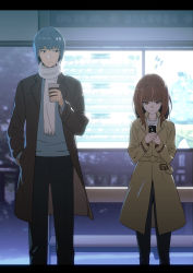 Rule 34 | 1boy, 1girl, ad, bad id, bad pixiv id, belt, bench, blue hair, blurry, blurry background, brown eyes, brown hair, cellphone, coat, coffee cup, cup, disposable cup, expressionless, hand in pocket, highres, holding, holding cup, ladic, letterboxed, light, long hair, looking at another, looking at phone, looking to the side, open clothes, open coat, original, outdoors, phone, scarf, screen, short hair, smartphone, standing, white scarf, winter clothes, winter coat