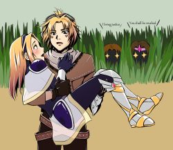 Rule 34 | 1girl, 3boys, armor, blonde hair, bodysuit, boots, bush, carrying, couple, ezreal, garen (league of legends), gloves, goggles, goggles on head, league of legends, lux (league of legends), multiple boys, princess carry, refel, short hair, taric