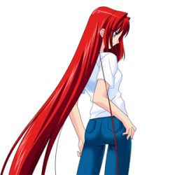 Rule 34 | 1girl, aozaki aoko, ass, denim, female focus, jeans, long hair, lowres, pants, red hair, shirt, simple background, solo, standing, white shirt