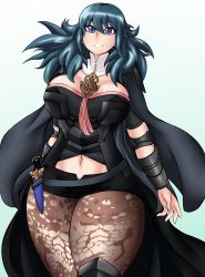 Rule 34 | 1girl, absurdres, blue background, blue eyes, blue hair, breasts, brown pantyhose, byleth (female) (fire emblem), byleth (fire emblem), cape, cleavage, clothing cutout, cowboy shot, dagger, detached collar, fire emblem, fire emblem: three houses, highres, jewelry, knife, kyelyn, large breasts, long hair, looking at viewer, navel, navel cutout, necklace, nintendo, pantyhose, parted lips, shorts, simple background, smile, solo, thick thighs, thighs, weapon