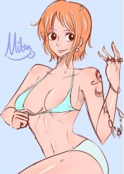 Rule 34 | 1girl, bikini, mifenami, nami (one piece), one piece, orange hair, shoulder tattoo, swimsuit, tattoo