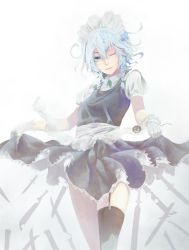 Rule 34 | 1girl, akai kitsune, bad id, bad pixiv id, black thighhighs, blue eyes, braid, clothes lift, female focus, garter straps, gloves, hair ribbon, highres, izayoi sakuya, knife, maid, maid headdress, one eye closed, pocket watch, ribbon, short hair, silver hair, simple background, single thighhigh, skirt, skirt lift, smile, solo, thighhighs, too many, too many knives, touhou, twin braids, watch, white gloves, wink