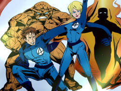Rule 34 | 1girl, 3boys, ben grimm, blonde hair, blue eyes, bodysuit, brother and sister, brown hair, fantastic four, fire, johnny storm, jun (pixiv530340), looking at viewer, marvel, multiple boys, reed richards, rubber, short hair, siblings, smile, stretching, sue storm