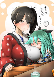 Rule 34 | 10s, 2girls, breast pillow, breasts, drooling, hair between eyes, hair ornament, hairclip, highres, jewelry, kaga (kancolle), kantai collection, konoshige (ryuun), kotatsu, large breasts, looking at viewer, multiple girls, ring, sleeping, table, translation request, wedding band, yamakaze (kancolle)