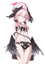 Rule 34 | 1girl, absurdres, arms behind back, bikini, black bikini, black bow, black wings, blue archive, bow, breasts, closed mouth, commentary, feathered wings, floral print, front-tie bikini top, front-tie top, hair between eyes, hair bow, halo, head wings, highres, koharu (blue archive), koharu (swimsuit) (blue archive), looking at viewer, low twintails, low wings, nariku, navel, official alternate costume, pink eyes, pink hair, pink halo, print bikini, simple background, small breasts, solo, spaghetti strap, swimsuit, symbol-only commentary, twintails, white background, wings