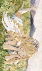 Rule 34 | 1girl, angel wings, barefoot, blonde hair, blush, closed eyes, commentary request, dress, expressionless, grass, hair ribbon, highres, leg up, long hair, lying, mountainous horizon, nature, on stomach, orie h, original, outdoors, ribbon, sketch, solo, white dress, white ribbon, white wings, wings