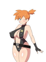 Rule 34 | 1girl, bare legs, black one-piece swimsuit, blush, breasts, covered erect nipples, creatures (company), curvy, dd (giogio99), female focus, game freak, gloves, gym leader, highleg, highleg swimsuit, highres, looking at viewer, medium breasts, misty (pokemon), nintendo, one-piece swimsuit, one eye closed, orange hair, pokemon, pokemon: the electric tale of pikachu, ponytail, shiny skin, side ponytail, sideboob, slingshot swimsuit, smile, solo, standing, swimsuit, wink