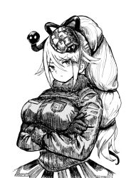 1girl animal_ears breasts closed_mouth crossed_arms genbu_(kemono_friends) gloves gobe_x_protocol greyscale hair_ornament jacket japari_symbol kemono_friends large_breasts long_hair long_sleeves looking_at_viewer monochrome skirt snake solo tail turtle_shell white_hair