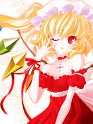 Rule 34 | 1girl, :p, blonde hair, dress, female focus, flandre scarlet, hat, ponytail, red eyes, s-yin, short hair, side ponytail, solo, standing, tongue, tongue out, touhou, wings