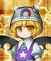 Rule 34 | 1other, androgynous, blonde hair, center frills, closed mouth, collared shirt, commentary request, eyes visible through hair, frills, grey headwear, helmet, len&#039;en, light frown, looking at viewer, magnet, no nose, orange background, other focus, plaid, plaid background, puffy short sleeves, puffy sleeves, purple vest, shirt, short hair, short sleeves, solo, star (symbol), star print, umatachi tsugumi, upper body, vest, websci 3357, white shirt, yellow eyes