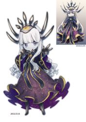 Rule 34 | 1girl, absurdres, blue eyes, child, colored skin, dated, dress, hands up, highres, horns, long hair, looking at viewer, mana matitia (okame nin), multiple horns, no feet, no mouth, okame nin, original, purple dress, redrawn, reference inset, simple background, w, white background, white hair, white skin