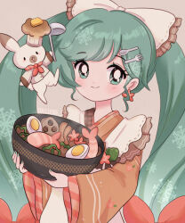 Rule 34 | 1990s (style), 1girl, animal, apron, artist name, blue eyes, blue hair, blush, bow, bowl, chef hat, chellyko, commentary, earrings, egg (food), english commentary, flower, flower earrings, food, food-themed clothes, fork hair ornament, hair bow, hat, hatsune miku, highres, holding, holding bowl, japanese clothes, jewelry, kappougi, kimono, long hair, long sleeves, looking to the side, rabbit, rabbit yukine, retro artstyle, shrimp, smile, snowflakes, solo, spoon hair ornament, star-shaped food, star (symbol), steam, twintails, upper body, vocaloid, yuki miku, yuki miku (2024)