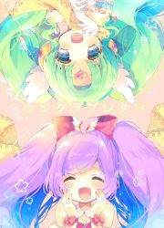 Rule 34 | 2girls, ahoge, bad id, bad pixiv id, bare shoulders, blue eyes, blush, body blush, bow, cover, detached collar, drill hair, falulu, forehead jewel, gloves, green hair, hair bow, hand on own cheek, hand on own face, hands on own face, head wings, headphones, heart, long hair, manaka laala, multiple girls, nekoto rina, off shoulder, open mouth, parted bangs, pretty series, pripara, purple hair, smile, text focus, twintails, upper body, upside-down, wings, wrist cuffs