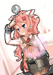 Rule 34 | 1girl, :3, :p, alternate costume, alternate hairstyle, apron, arm up, bell, blue eyes, blush, bow, cooking, dutch angle, fire, food, hair ribbon, highres, holding, javelin (warship girls r), ladle, long hair, long sleeves, looking at viewer, photo background, pink hair, ponytail, pot, ribbon, shirt, sirills, solo, stove, sweatdrop, tongue, tongue out, upper body, vegetable, warship girls r, white ribbon, white shirt