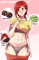 Rule 34 | abs, black panties, blush, chief (91m10), clothes lift, dumbbell, highres, lingerie, panties, pink background, red eyes, red hair, salad, shirt lift, sleeping, toned, underwear, zzz