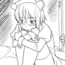 Rule 34 | 1girl, 2k-tan, frown, glasses, greyscale, long sleeves, monochrome, os-tan, solo, tears, thighhighs