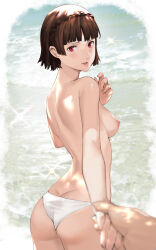 Rule 34 | 1boy, 1girl, absurdres, beach, breasts, highres, holding hands, j@ck, large breasts, looking at viewer, niijima makoto, nipples, persona, persona 5, pov, sideboob, smile, swimsuit, topless