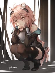 Rule 34 | 1girl, ahoge, animal ears, arknights, armor, artist name, bare shoulders, black footwear, black jacket, black thighhighs, boots, bracelet, gravel (arknights), head rest, highres, infection monitor (arknights), jacket, jewelry, looking at viewer, mouse ears, mouse girl, mouse tail, off shoulder, pink hair, short hair, smile, solo, squatting, tail, thighhighs, thighs, torn clothes, torn thighhighs, yellow eyes, yuuki uyu