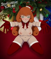 Rule 34 | 1girl, blush, breasts, christmas, christmas lights, christmas present, christmas tree, doll joints, female focus, freckles, full body, gift, gloves, green eyes, hat, highres, humanoid robot, joints, kneeling, long hair, looking at viewer, medium breasts, nipples, orange hair, outstretched arms, penny polendina, pussy, ribbon, robot, robot girl, robot joints, rwby, santa hat, smile, solo, spellcaster knight, spread legs, thighhighs, uncensored