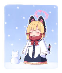 Rule 34 | 1girl, animal ear headphones, animal ears, blonde hair, blue archive, blush, bow, closed eyes, closed mouth, coat, commentary request, fake animal ears, frilled coat, frills, hair bow, halo, harada (sansei rain), headphones, highres, long sleeves, momoi (blue archive), red bow, sleeves past fingers, sleeves past wrists, snow, snowing, snowman, solo, tail, trembling, wavy mouth, white coat
