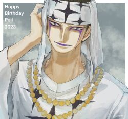 Rule 34 | 1boy, 2023, close-up, facial mark, grey background, hand on own head, happy birthday, head scarf, headband, highres, jewelry, long sleeves, looking at viewer, male focus, necklace, one piece, pell, purple lips, shokusei, smile, solo, tunic, twitter username, white tunic