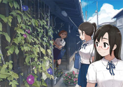 Rule 34 | 3girls, ahoge, badge, bag, black eyes, blue ribbon, blue skirt, blue sky, blush, brown hair, building, button badge, cloud, collared shirt, day, flower, glasses, hair ornament, hairclip, house, light brown hair, long hair, looking at another, looking back, morifumi, morning glory, multiple girls, neck ribbon, open mouth, original, outdoors, parted bangs, plant, pleated skirt, ponytail, potted plant, power lines, red-framed eyewear, ribbon, school bag, school uniform, shirt, short hair, short sleeves, skirt, sky, smile, utility pole, vines, white background