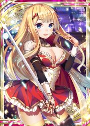 Rule 34 | 1girl, :d, arm warmers, armor, blonde hair, blue eyes, breasts, cape, chain, dress, hair ornament, holding, holding weapon, large breasts, long hair, looking at viewer, official art, open mouth, ray-akila, red cape, red dress, shinkai no valkyrie, smile, surprised, sword, thighhighs, underwear, weapon