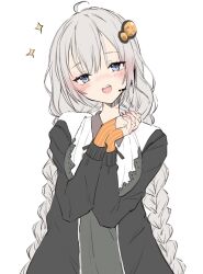 Rule 34 | 1girl, ahoge, black dress, black jacket, blue eyes, blush, braid, chigasaki yukari, dress, grey hair, hair between eyes, hair ornament, highres, interlocked fingers, jacket, kizuna akari, long hair, long sleeves, looking at viewer, open clothes, open jacket, open mouth, own hands together, simple background, solo, sparkle, teeth, twin braids, upper body, upper teeth only, very long hair, vocaloid, voiceroid, white background