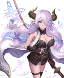 Rule 34 | 1girl, absurdres, asymmetrical gloves, belt, black gloves, black thighhighs, blue eyes, braid, breasts, bug, butterfly, butterfly hair ornament, cleavage, draph, elbow gloves, fingerless gloves, gloves, granblue fantasy, hair ornament, hair over one eye, highres, holding, holding weapon, horns, insect, katana, large breasts, light purple hair, long hair, looking at viewer, low tied hair, mismatched gloves, narmaya (granblue fantasy), pointy ears, sheath, sheathed, simple background, single braid, single elbow glove, single fingerless glove, single thighhigh, sleeveless, smile, solo, sword, thigh strap, thighhighs, uneven gloves, weapon, white background, yuki7128