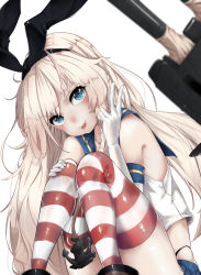 Rule 34 | 10s, 1girl, anchor hair ornament, bad id, bad pixiv id, bare shoulders, blonde hair, blue eyes, boots, collarbone, elbow gloves, gloves, hair ornament, hairband, hands on feet, head tilt, highleg, highleg panties, highres, kantai collection, long hair, looking at viewer, machinery, ming (torga), miniskirt, panties, personification, pleated skirt, rensouhou-chan, sailor collar, school uniform, serafuku, shimakaze (kancolle), simple background, sitting, skirt, sleeveless, solo, striped clothes, striped thighhighs, thighhighs, tongue, tongue out, turret, underwear, v, white background