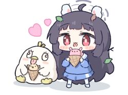 Rule 34 | 1girl, ahoge, animal ears, black hair, blue archive, blue shirt, blue skirt, blush stickers, chibi, food, full body, grey halo, halo, heart, holding, holding food, ice cream, ice cream cone, leaf, leaf on head, long hair, miyu (blue archive), no nose, pantyhose, peroro (blue archive), pink pupils, rabbit ears, red eyes, sailor collar, shirt, sitting, skirt, standing, tongue, tongue out, umihio, very long hair, white footwear, white pantyhose, white sailor collar