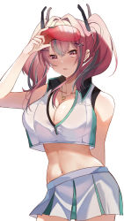 Rule 34 | 1girl, :p, absurdres, arm behind back, azur lane, bare shoulders, blush, breasts, bremerton (azur lane), bremerton (scorching-hot training) (azur lane), cleavage, cleavage cutout, clothing cutout, collarbone, collared shirt, commentary, cowboy shot, crop top, crop top overhang, eyewear on head, unworn eyewear, female focus, green skirt, grey hair, hair between eyes, hair intakes, hair ornament, hand up, heart, heart necklace, highres, holding, holding removed eyewear, jewelry, large breasts, long hair, looking at viewer, matching hair/eyes, midriff, mole, mole under eye, muki (muki kunxd), multicolored hair, navel, necklace, pink eyes, pink hair, red-tinted eyewear, redrawn, revision, shirt, sidelocks, simple background, skirt, sleeveless, sleeveless shirt, solo, sportswear, standing, streaked hair, sunglasses, tennis uniform, tinted eyewear, tongue, tongue out, twintails, two-tone hair, two-tone shirt, two-tone skirt, white background, white shirt, white skirt